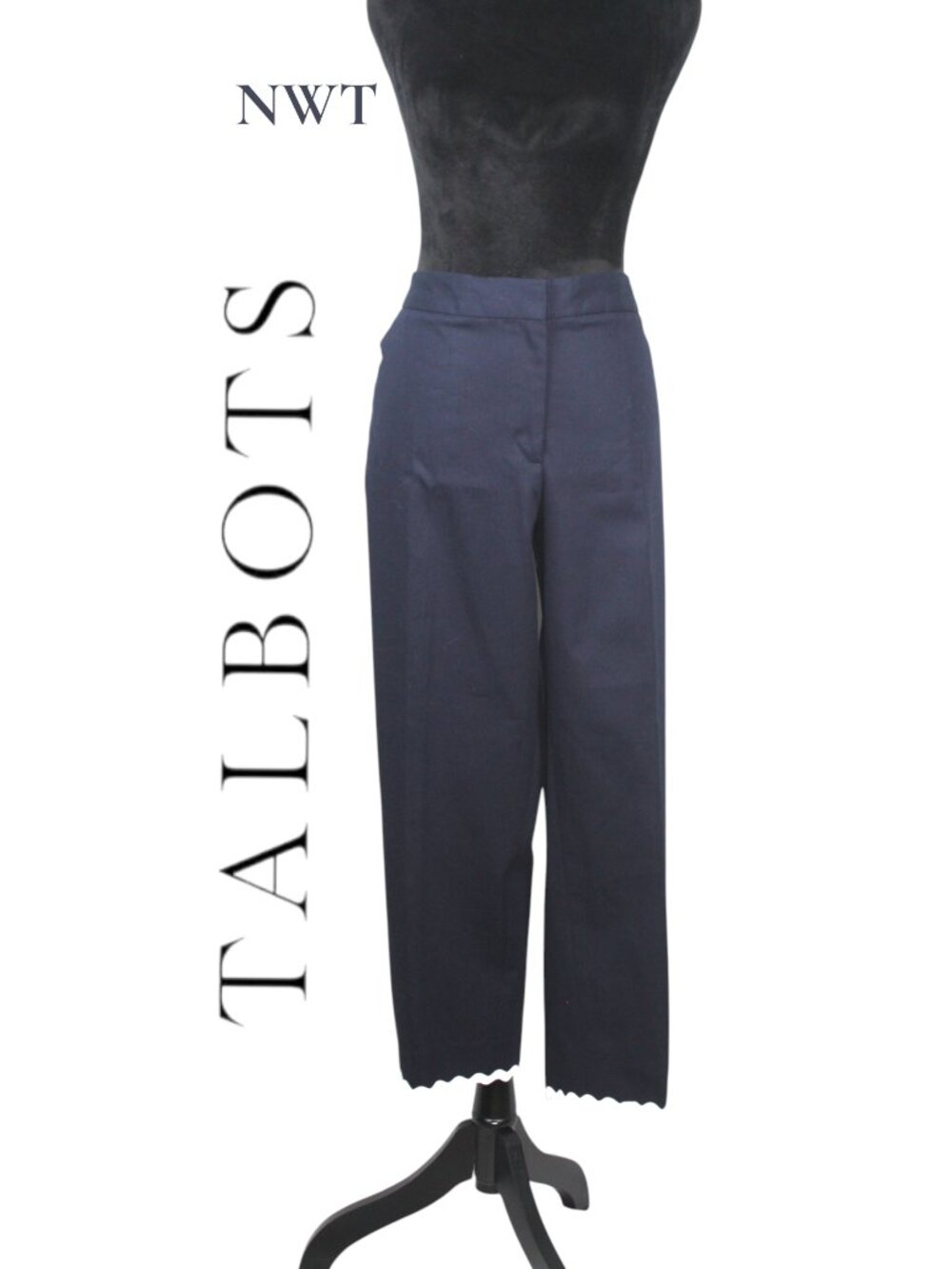 NWT Talbots Slim Crop Navy Pants with White Ric Rac on Hem Size 14